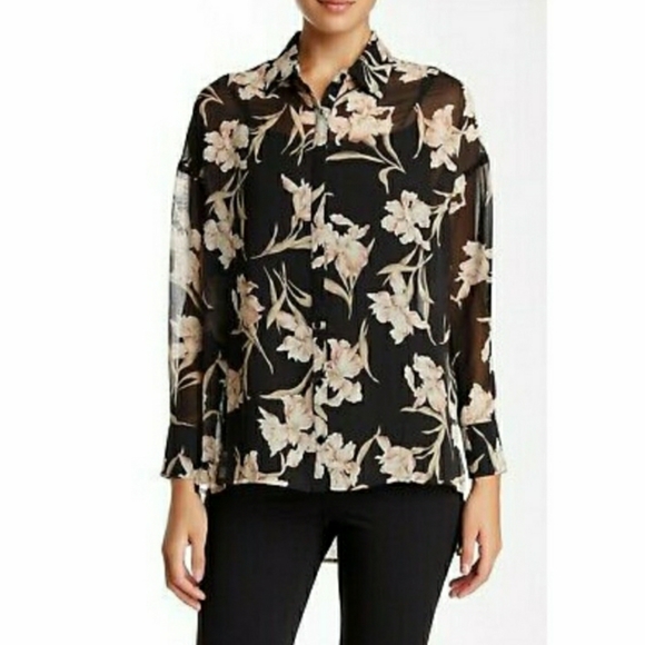 COPY - RO & DE Black Floral Sheer Button Down Blouse - Picture 1 of 4